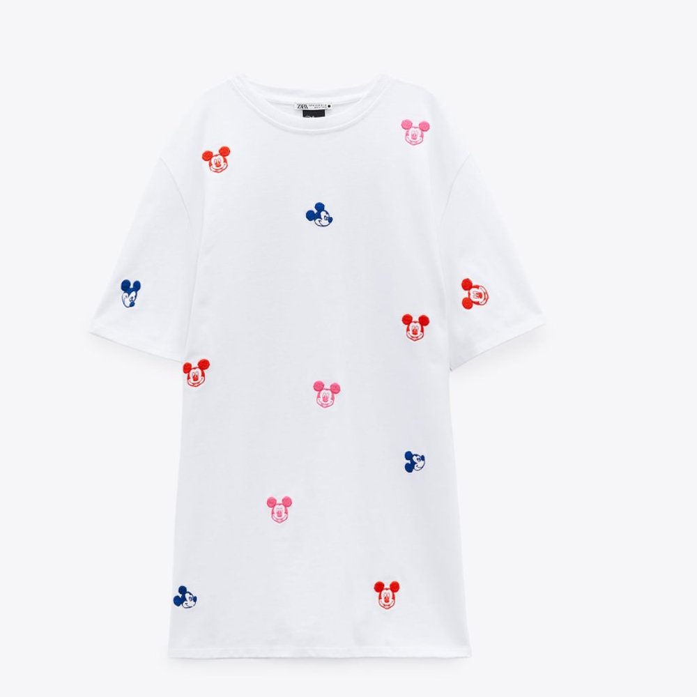 ZARA EMBROIDERED MICKEY MOUSE ©DISNEY WHITE MULTICOLOR TUNIC T-SHIRT